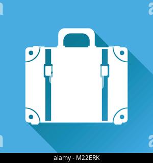 Suitcase flat vector illustration on blue background with long shadow. Case for tourism, journey, trip, tour, voyage, summer vacation. Stock Vector
