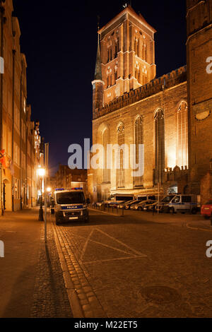 St. Mary's Church (Polish: Bazylika Mariacka) in Gdansk, Poland at night, view from Piwna street Stock Photo