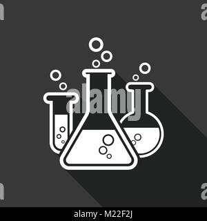 Chemical test tube pictogram icon. Laboratory glassware or beaker equipment isolated on black background with long shadow. Experiment flasks. Trendy m Stock Vector