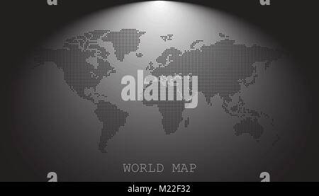 Dotted blank black world map isolated on grey background. World map vector template for website, infographics, design. Flat earth world map with round Stock Vector