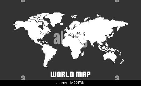 Dotted blank white world map isolated on black background. World map vector template for website, infographics, design. Flat earth world map with roun Stock Vector