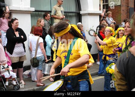 The Sambalanco samba band perform in the Old Town during the annual Jack In The Green festival at Hastings in East Sussex, England on May 5, 2009. Stock Photo