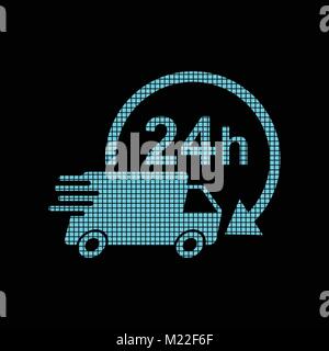Delivery 24h truck with clock in pixel style logotype. 24 hours fast delivery service shipping vector illustration logo. Simple flat pictogram for bus Stock Vector