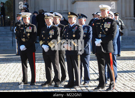 The official military party, including U.S. Marine Corps Gen. Peter Pace, left, 16th Chairman of the Joint Chiefs of Staff, and Gen. James T. Conway, right, 34th Commandant of the Marine Corps, stand for the state funeral service honoring President Gerald R. Ford at the Washington National Cathedral, Washington, D.C., Jan. 2, 2007. President Ford was the 38th president of the United States, and passed away on Dec. 26, 2006 at the age of 93. (U.S. Marine Corps Stock Photo
