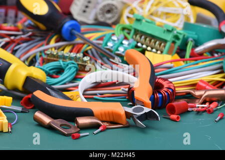 Tools and component used in electrical installations Stock Photo