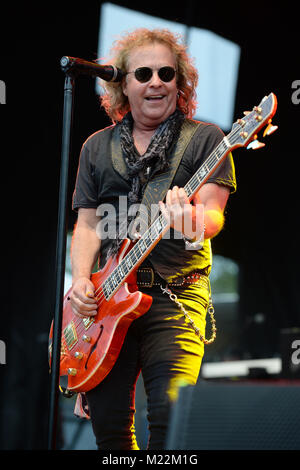 WESTON, FL - APRIL 02: Jack Blades of Night Ranger performs at Rockfest 80s held at Markham Park on April 2, 2016 in Weston, Florida.   People:  Jack Blades Stock Photo