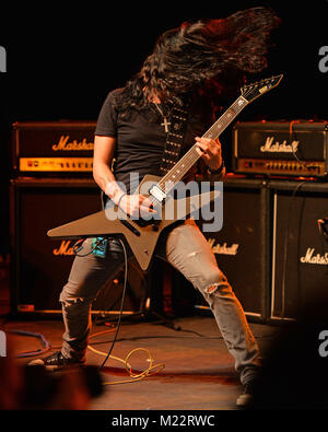 MIAMI, FL - FEBRUARY 21: Konstantinos Karamitroudis also known as Gus G performs during the Monsters Of Rock pre cruise concert at The Magic City Casino on February 21, 2016 in Miami, Florida   People:  Gus G Stock Photo