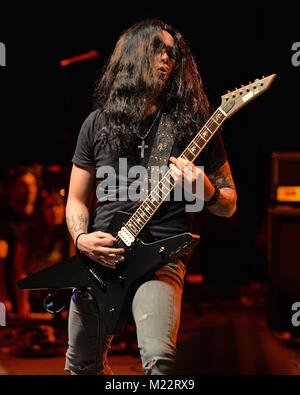 MIAMI, FL - FEBRUARY 21: Konstantinos Karamitroudis also known as Gus G performs during the Monsters Of Rock pre cruise concert at The Magic City Casino on February 21, 2016 in Miami, Florida   People:  Gus G Stock Photo