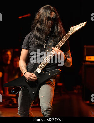 MIAMI, FL - FEBRUARY 21: Konstantinos Karamitroudis also known as Gus G performs during the Monsters Of Rock pre cruise concert at The Magic City Casino on February 21, 2016 in Miami, Florida   People:  Gus G Stock Photo