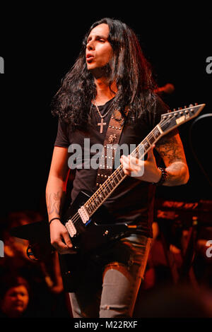 MIAMI, FL - FEBRUARY 21: Konstantinos Karamitroudis also known as Gus G performs during the Monsters Of Rock pre cruise concert at The Magic City Casino on February 21, 2016 in Miami, Florida   People:  Gus G Stock Photo