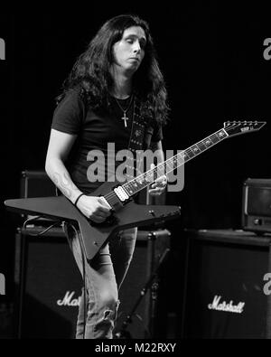 MIAMI, FL - FEBRUARY 21: Konstantinos Karamitroudis also known as Gus G performs during the Monsters Of Rock pre cruise concert at The Magic City Casino on February 21, 2016 in Miami, Florida   People:  Gus G Stock Photo