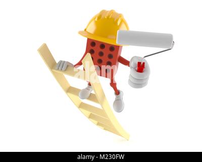 Brick character on ladder holding roller paint isolated on white background Stock Photo