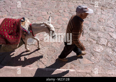 Man with donkey in the village of Abayaneh, Isfahan Province, Iran Stock Photo
