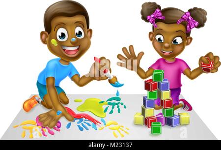 Cartoon Kids with Paint and Blocks Stock Vector
