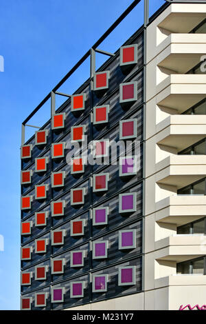 Moxy Hotel brand of Marriot International colourful window side panels new build hotel close to the station at Stratford Newham East London England UK Stock Photo