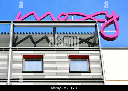 Moxy Hotel a brand of Marriot International sign above new build hotel in Stratford London close to the station & Queen Elizabeth Olympic Park England Stock Photo