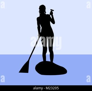 Silhouette of a female standup paddler Stock Vector