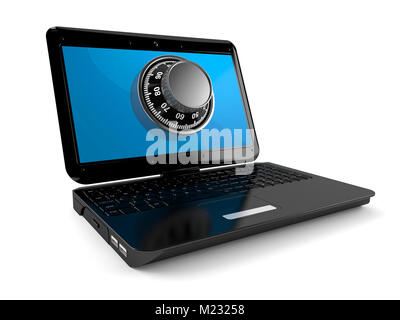 Laptop with combination lock isolated on white background Stock Photo