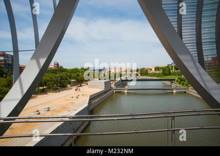 River Manzanares from Perrault bridge. Madrid Rio, Madrid, Spain. Stock Photo