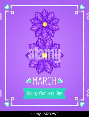 Greeting Card with 8 March. Vector Holiday Banner of International Women's Day in Violet, Turquoise and White Colors. The Eight consisting of Purple D