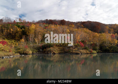 Autumn Forest onsen lake at Jigoku Numa, Hakkoda Aomori Tohoku Japan Stock Photo