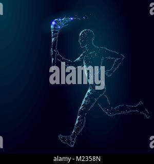 Torchbearer hold fire torch athlete run low poly. Polygonal modern 3d render dark blue star international sportsman man runner vector illustration banner background template Stock Vector