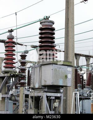 Electricity sub-station showing wires and pylons Stock Photo