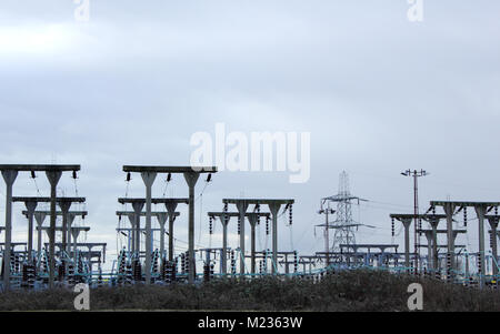 Electricity sub-station showing wires and pylons Stock Photo