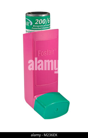 Fostair 200/6 microgram Beclometasone diproprionate / formoterol fumarate dihydrate inhaler isolated on a white background Stock Photo