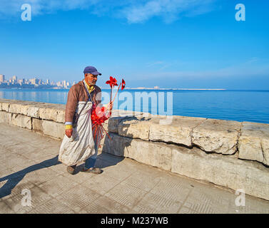 ALEXANDRIA, EGYPT - DECEMBER 17, 2017: The elderly vendor with red flower windmills goes along the Corniche promenade, on December 17 in Alexandria. Stock Photo