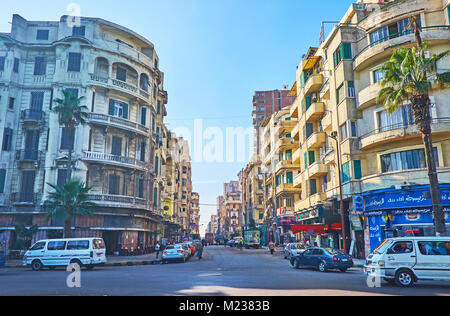 ALEXANDRIA, EGYPT - DECEMBER 17, 2017: The coastal quarters of the city and the streets, branching from Corniche avenue, have European styled architec Stock Photo