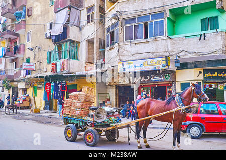 ALEXANDRIA, EGYPT - DECEMBER 17, 2017: The vegetable cart drawn by horse in the street of residential neighborhood, such portable way of trade is very Stock Photo