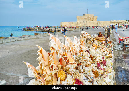 ALEXANDRIA, EGYPT - DECEMBER 17, 2017:  The view on Qaitbay Fort through the heap of beautiful sea shells of local tourist shop, on December 17 in Ale Stock Photo