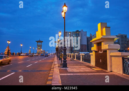 ALEXANDRIA, EGYPT - DECEMBER 17, 2017: The Stanley bridge is interesting place for the walks, in evening its old-fashioned streetlights shine with war Stock Photo