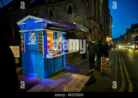 Edinburgh capital city of Scotland,  historic landmark royal mile, and old police box reused as a small cafe Stock Photo