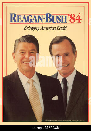 1984 American USA Presidential Campaign Poster featuring Ronald Reagan and George H. W. Bush with the strap line 'Bringing America Back' They won the renomination with a landslide vote for the Republican Party. Stock Photo