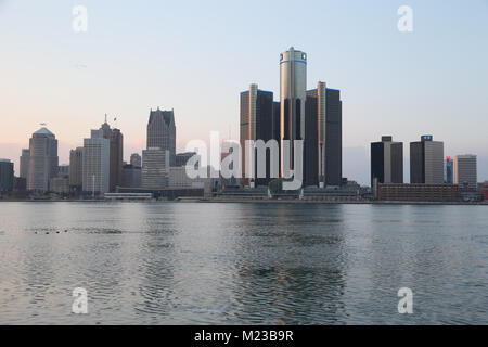 2018 Detroit winter Skyline taken from Windsor Ontario Canada. Stock Photo