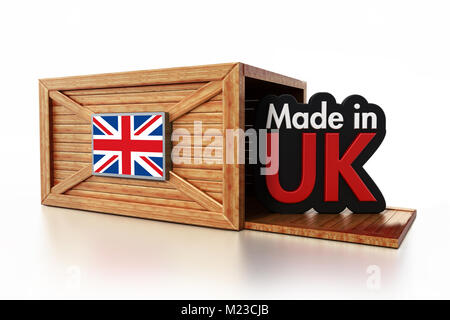Made in UK text inside cargo box with British flag. 3D illustration.