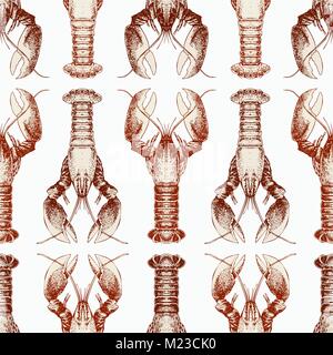 Vector seamless pattern with lobsters. Retro omar lillustration. Hand drawn sketch seafood. Engraved style crayfish, crawfish. Can be use for restaurant menu, kitchen design, paper, wrapping, fabrics. Stock Vector