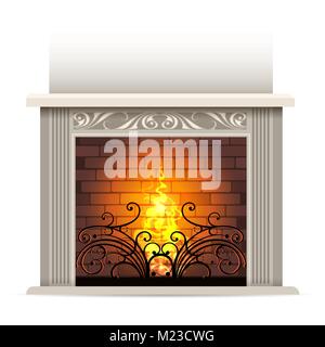 Classic fireplace with a bright burning flame. Element of interior design. Vector illustration. Stock Vector