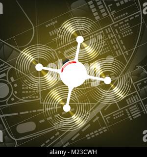 Drone with action Camera. Flying quadrocopter with camera over the city. Vector illustration Stock Vector