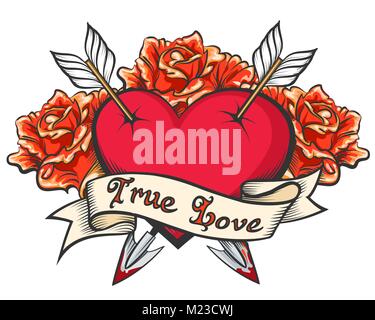 Heart Pierced by two arrows with ribbon and  lettering True Love. Vector illustration in tattoo style. Stock Vector