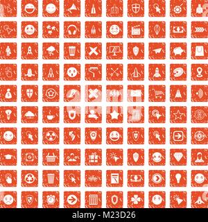 100 interface pictogram icons set grunge orange Stock Vector
