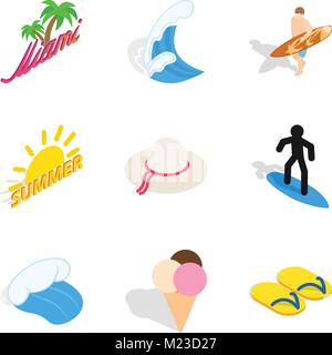 Beach town icons set, isometric style Stock Vector