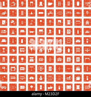 100 interior icons set grunge orange Stock Vector