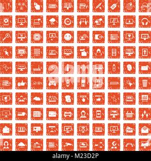 100 internet icons set grunge orange Stock Vector