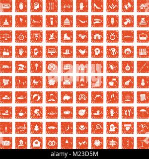100 joy icons set grunge orange Stock Vector