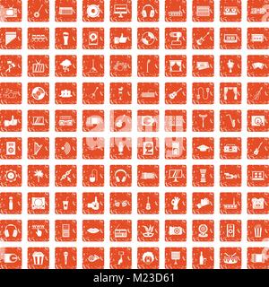 100 karaoke icons set grunge orange Stock Vector