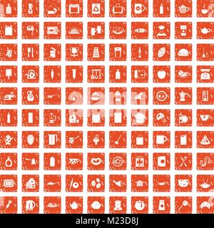 100 kitchen icons set grunge orange Stock Vector