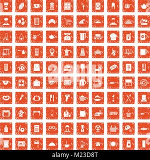 100 kitchen utensils icons set grunge orange Stock Vector